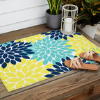 Navy Yellow Aqua Flower Pattern, Floral Pattern, Flower Petals, Flower Burst Outdoor Rug Gallery Image 2