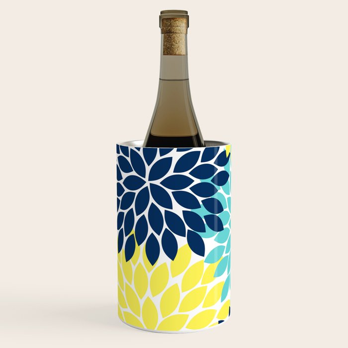 Navy Yellow Aqua Flower Pattern, Floral Pattern, Flower Petals, Flower Burst Wine Chiller Gallery Image 2