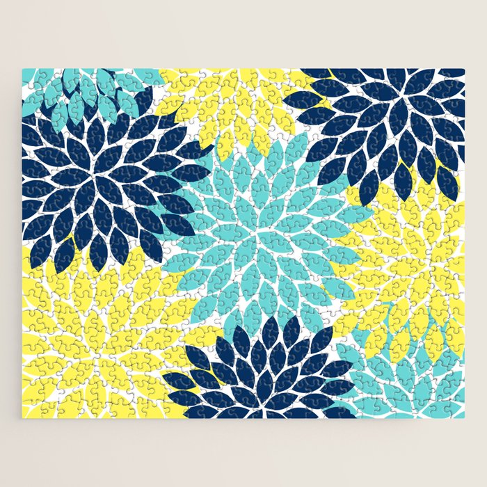 Navy Yellow Aqua Flower Pattern, Floral Pattern, Flower Petals, Flower Burst Jigsaw Puzzle Gallery Image 1