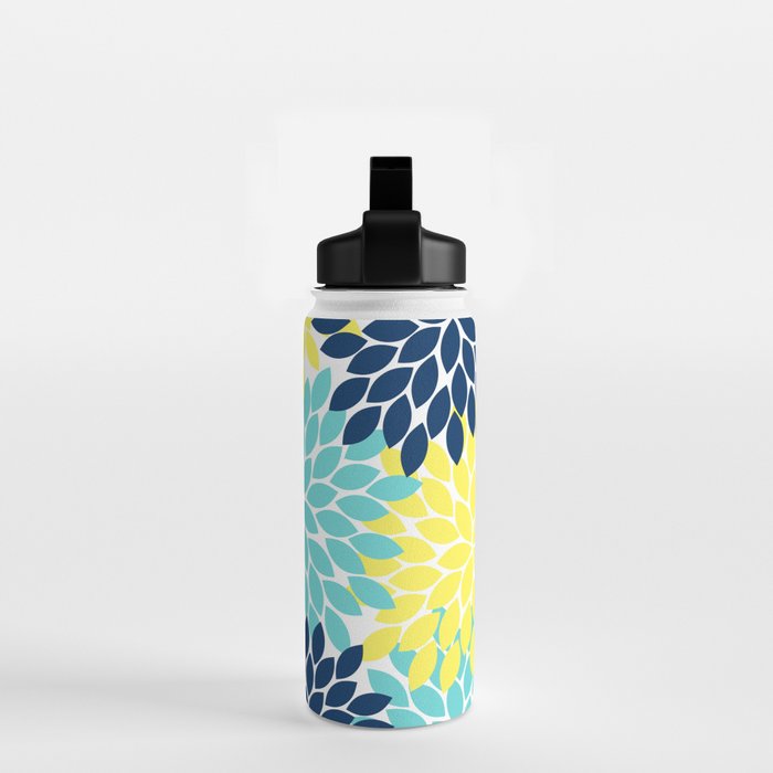 Navy Yellow Aqua Flower Pattern, Floral Pattern, Flower Petals, Flower Burst Water Bottle Gallery Image 2