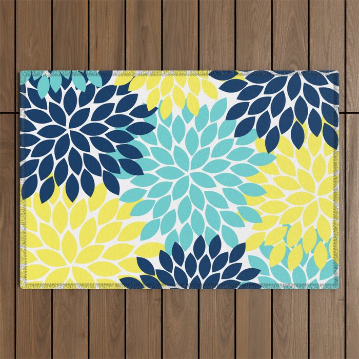 Navy Yellow Aqua Flower Pattern, Floral Pattern, Flower Petals, Flower Burst Outdoor Rug Gallery Image 1