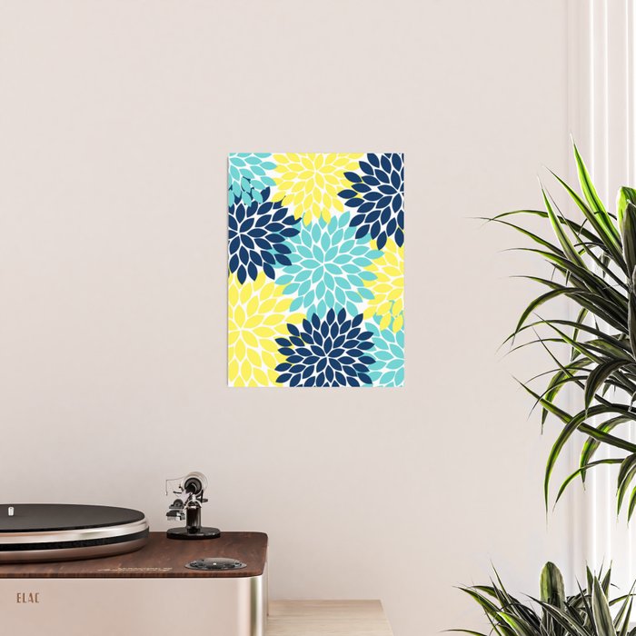 Navy Yellow Aqua Flower Pattern, Floral Pattern, Flower Petals, Flower Burst Poster Gallery Image 2