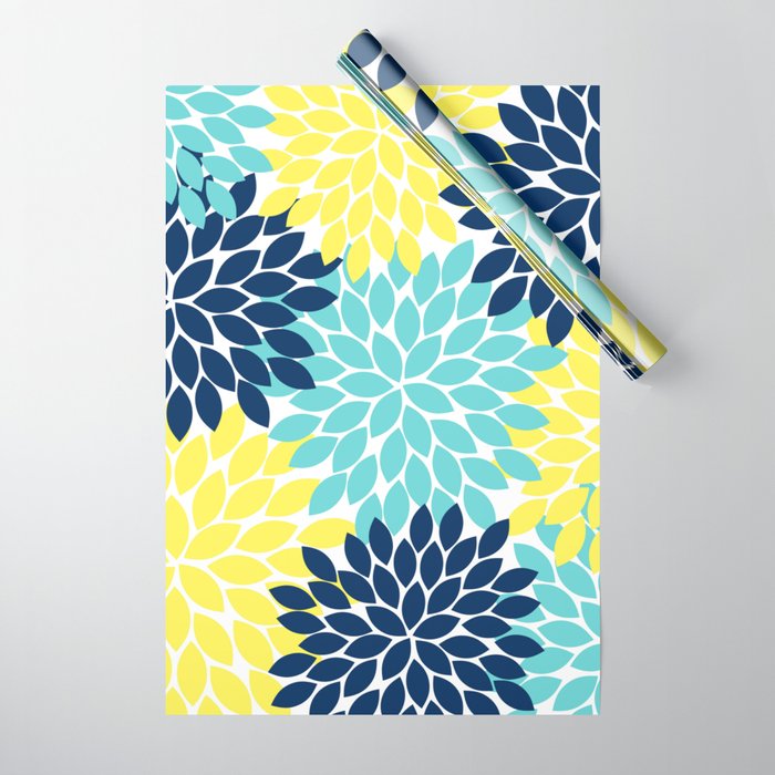 Navy Yellow Aqua Flower Pattern, Floral Pattern, Flower Petals, Flower Burst Wrapping Paper Gallery Image 1