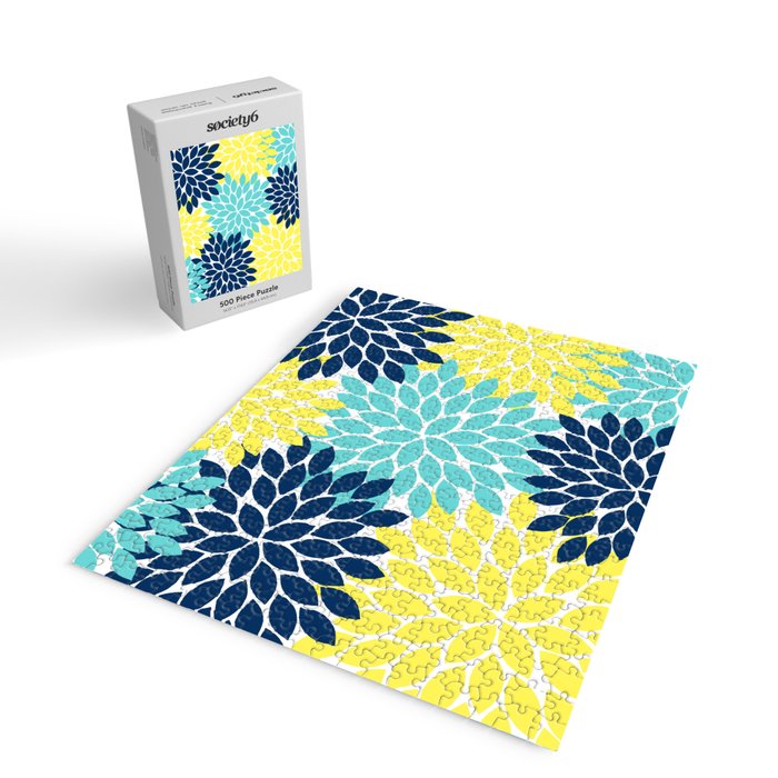 Navy Yellow Aqua Flower Pattern, Floral Pattern, Flower Petals, Flower Burst Jigsaw Puzzle Gallery Image 2