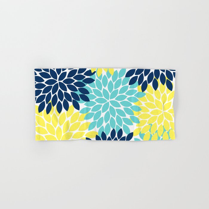 Navy Yellow Aqua Flower Pattern, Floral Pattern, Flower Petals, Flower Burst Bath Towel Gallery Image 1