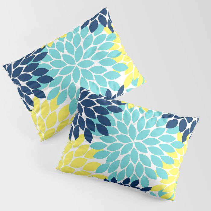 Navy Yellow Aqua Flower Pattern, Floral Pattern, Flower Petals, Flower Burst Pillow Sham Gallery Image 3