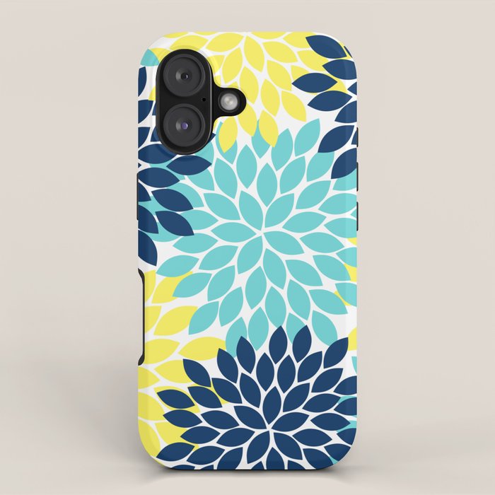 Navy Yellow Aqua Flower Pattern, Floral Pattern, Flower Petals, Flower Burst iPhone Case Gallery Image 1