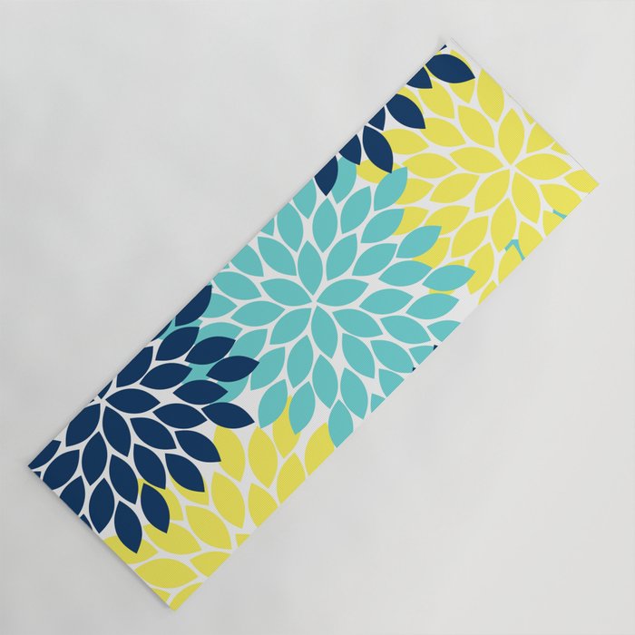 Navy Yellow Aqua Flower Pattern, Floral Pattern, Flower Petals, Flower Burst Yoga Mat Gallery Image 1