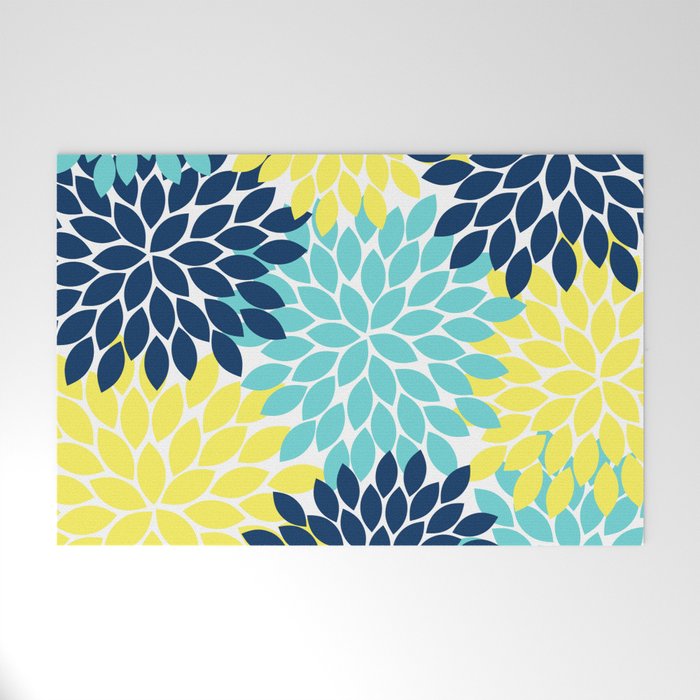 Navy Yellow Aqua Flower Pattern, Floral Pattern, Flower Petals, Flower Burst Welcome Mat Gallery Image 1