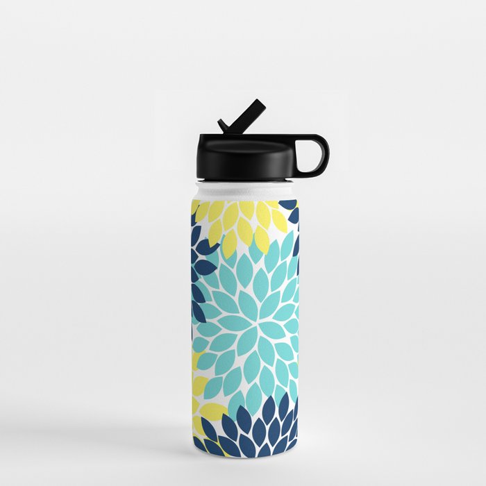 Navy Yellow Aqua Flower Pattern, Floral Pattern, Flower Petals, Flower Burst Water Bottle Gallery Image 1