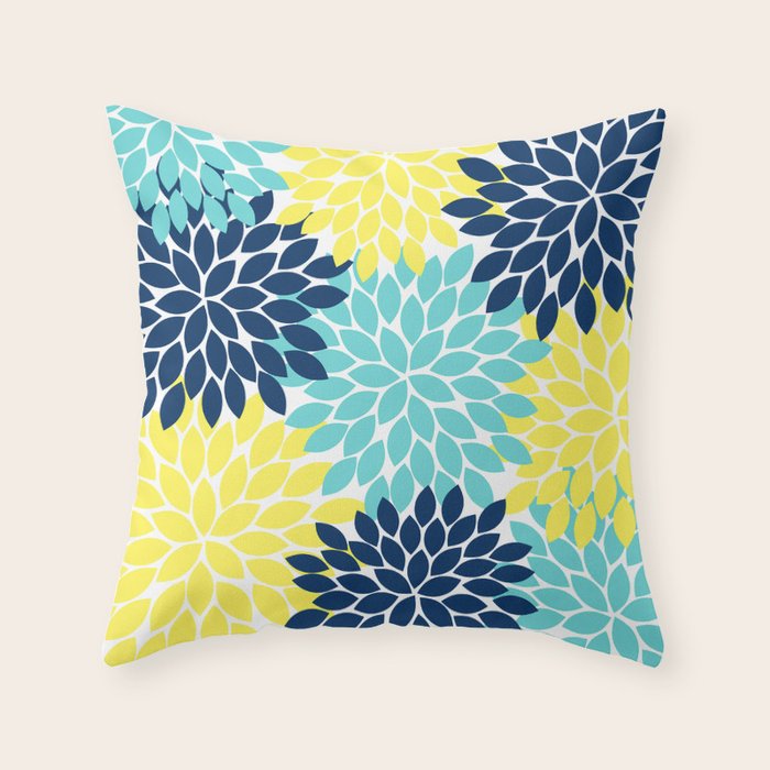 Navy Yellow Aqua Flower Pattern, Floral Pattern, Flower Petals, Flower Burst Throw Pillow Gallery Image 6