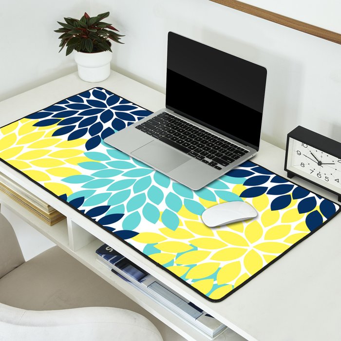 Navy Yellow Aqua Flower Pattern, Floral Pattern, Flower Petals, Flower Burst Desk Mat Gallery Image 2