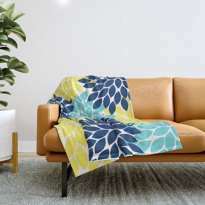 Navy Yellow Aqua Flower Pattern, Floral Pattern, Flower Petals, Flower Burst Throw Blanket Gallery Image 1