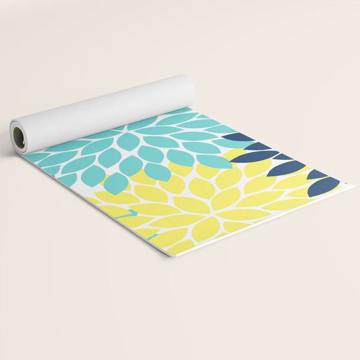 Navy Yellow Aqua Flower Pattern, Floral Pattern, Flower Petals, Flower Burst Yoga Mat Gallery Image 2