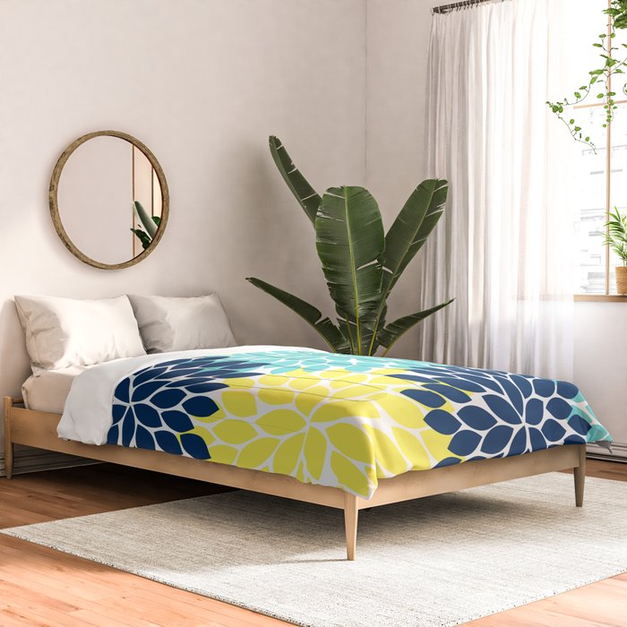 Navy Yellow Aqua Flower Pattern, Floral Pattern, Flower Petals, Flower Burst Comforter Gallery Image 2