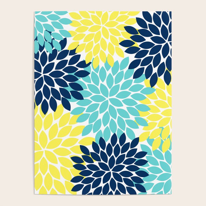 Navy Yellow Aqua Flower Pattern, Floral Pattern, Flower Petals, Flower Burst Poster Gallery Image 4