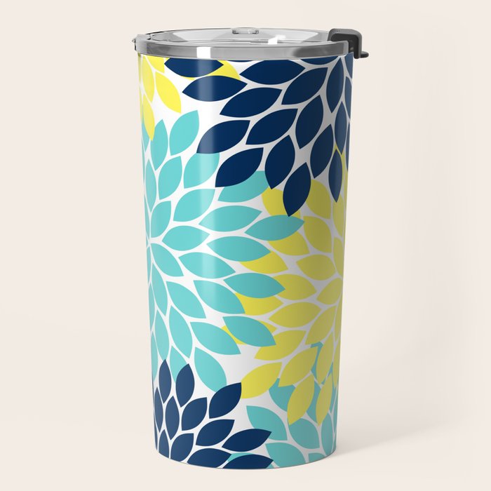Navy Yellow Aqua Flower Pattern, Floral Pattern, Flower Petals, Flower Burst Travel Mug Gallery Image 2