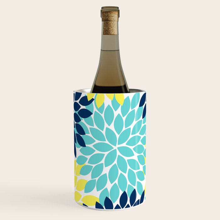 Navy Yellow Aqua Flower Pattern, Floral Pattern, Flower Petals, Flower Burst Wine Chiller Gallery Image 1