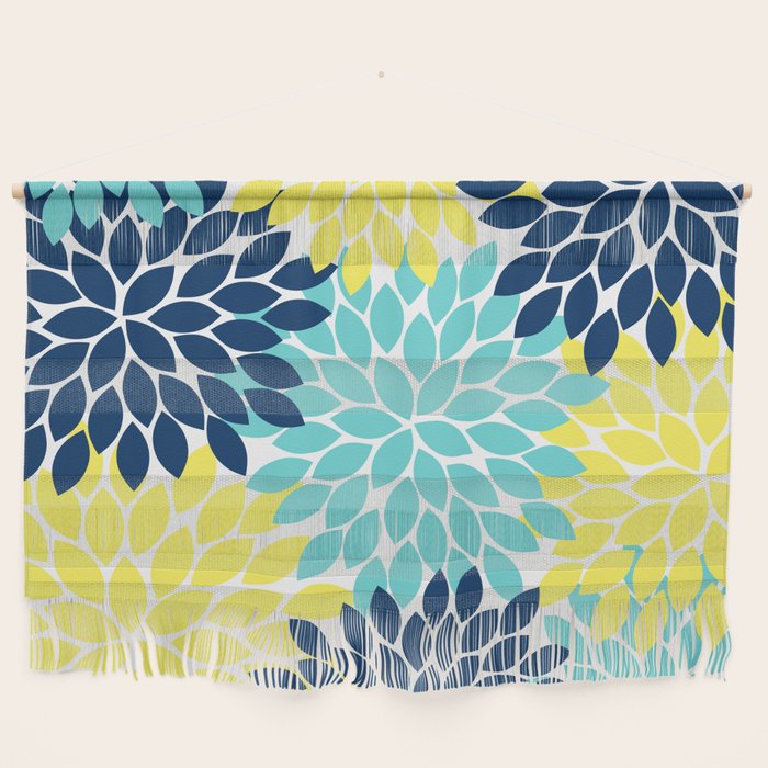 Navy Yellow Aqua Flower Pattern, Floral Pattern, Flower Petals, Flower Burst Wall Hanging Gallery Image 1