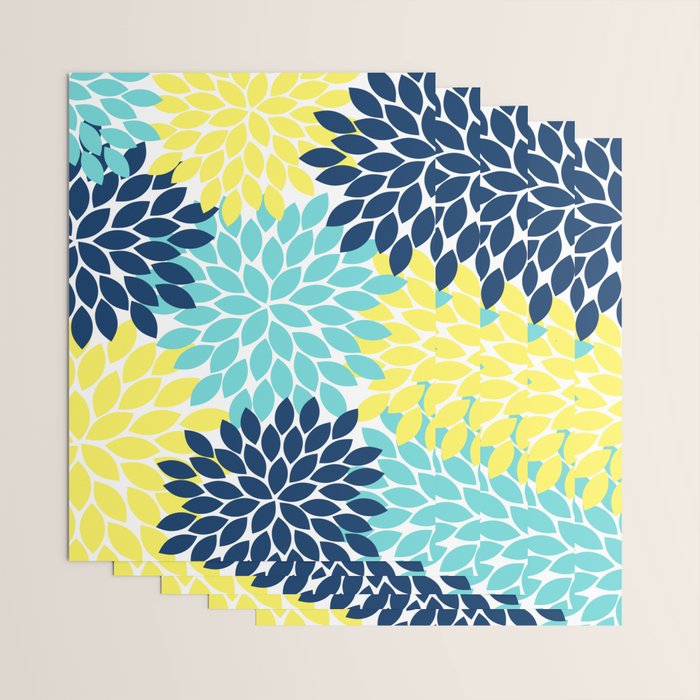 Navy Yellow Aqua Flower Pattern, Floral Pattern, Flower Petals, Flower Burst Wrapping Paper Gallery Image 3