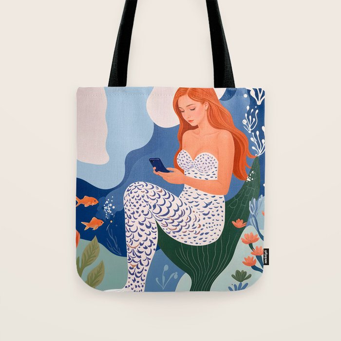Digital Serenity, Gen Z Mermaid Underwater, Woman Girl Cellphone Mobile Device, Reels Whimsical Eclectic Boho, Contemporary Concept Ocean Painting Tote Bag Gallery Image 1