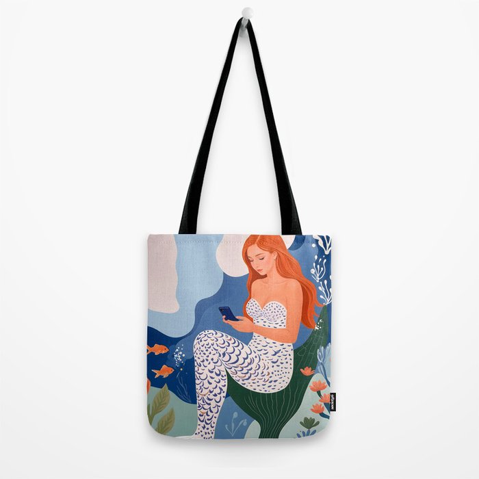 Digital Serenity, Gen Z Mermaid Underwater, Woman Girl Cellphone Mobile Device, Reels Whimsical Eclectic Boho, Contemporary Concept Ocean Painting Tote Bag Gallery Image 2