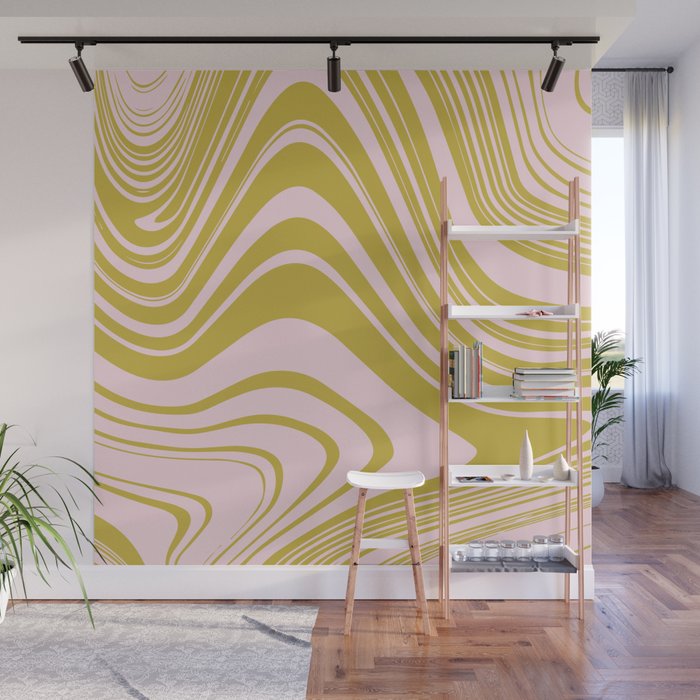 swirly groovy marble chartreuse and soft pink Wall Mural Gallery Image 1