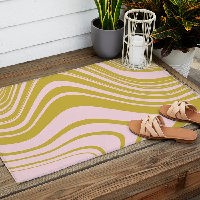 swirly groovy marble chartreuse and soft pink Outdoor Rug Gallery Image 2