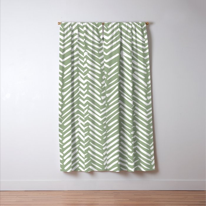 Boho, Abstract, Herringbone Pattern, Sage Green and White Window Curtain Gallery Image 3