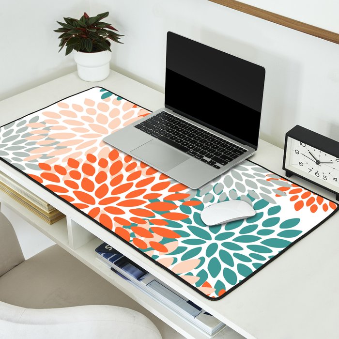 Floral Blooms, Orange, Teal, Gray Desk Mat Gallery Image 2