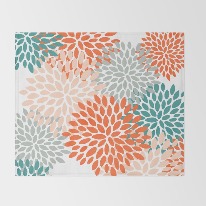 Floral Blooms, Orange, Teal, Gray Throw Blanket Gallery Image 2