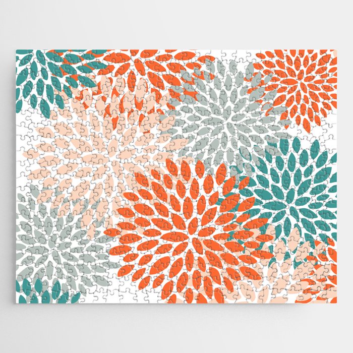 Floral Blooms, Orange, Teal, Gray Jigsaw Puzzle Gallery Image 1