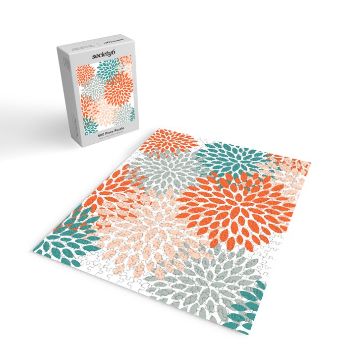 Floral Blooms, Orange, Teal, Gray Jigsaw Puzzle Gallery Image 2