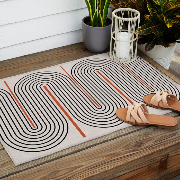 Red, Beige, Black Lines Contemporary Outdoor Rug Gallery Image 2