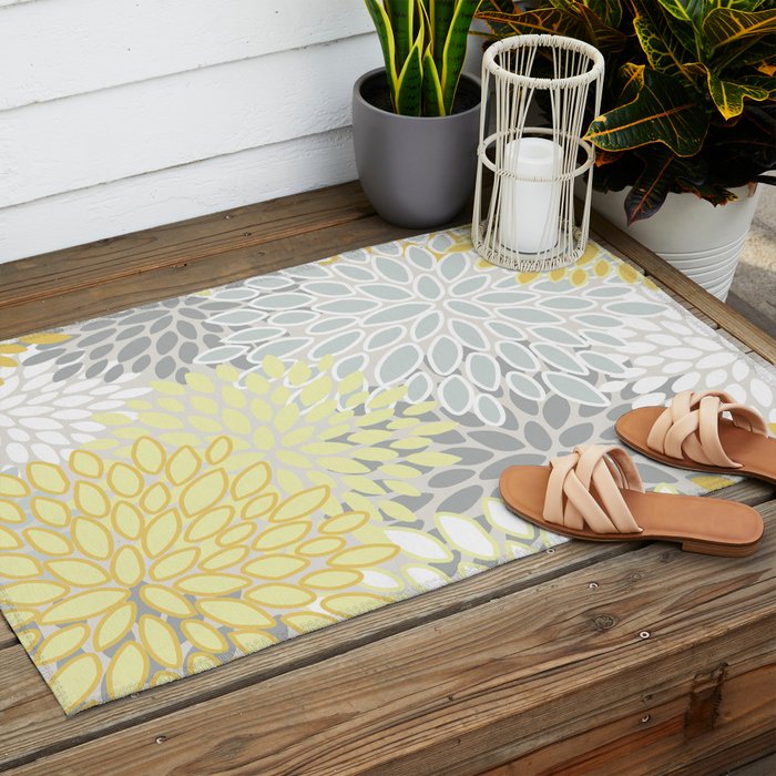 Floral Prints, Soft, Yellow and Gray, Modern Print Art Outdoor Rug Gallery Image 2