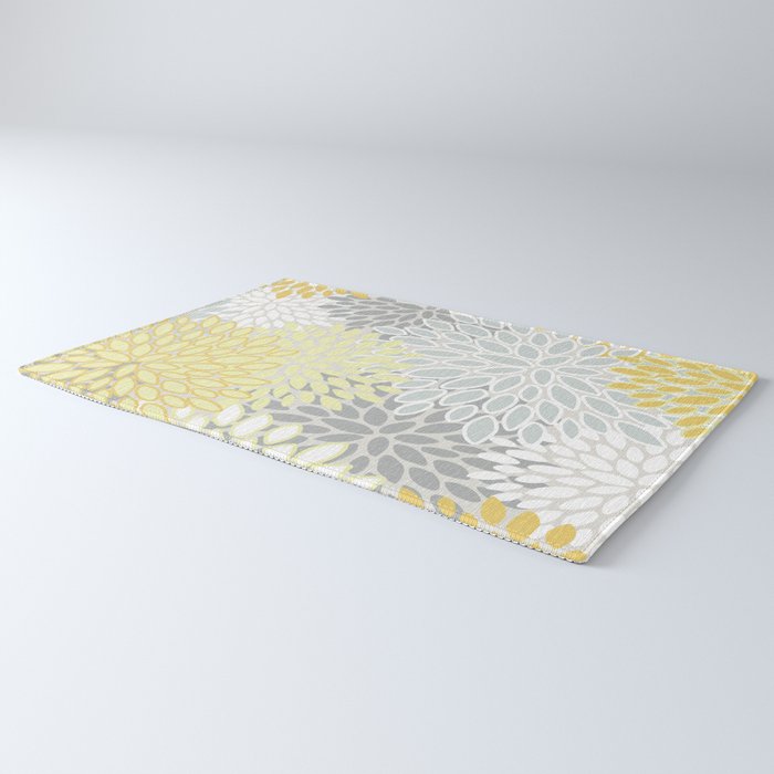 Floral Prints, Soft, Yellow and Gray, Modern Print Art Rug Gallery Image 3