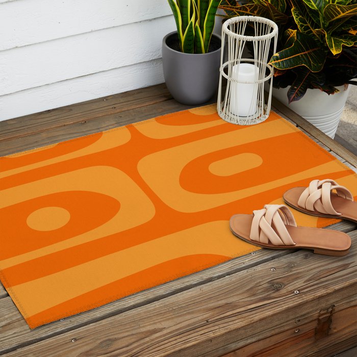 Mid Century Modern Piquet Retro Abstract Pattern in Double Orange Outdoor Rug Gallery Image 2