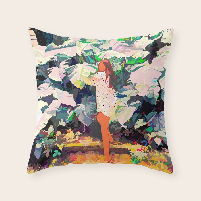 Live Quietly In a Corner Of Nature, Modern Bohemian Woman Jungle Forest Eclectic Painting Throw Pillow Gallery Image 1