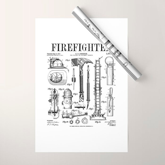 Firefighter Fire Department Fireman Vintage Patent Print Wrapping Paper Gallery Image 1