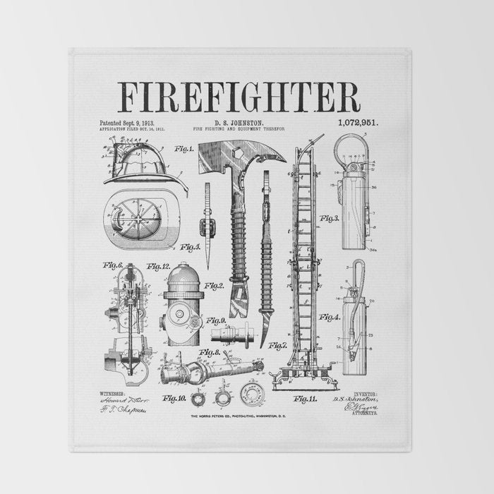 Firefighter Fire Department Fireman Vintage Patent Print Throw Blanket Gallery Image 2