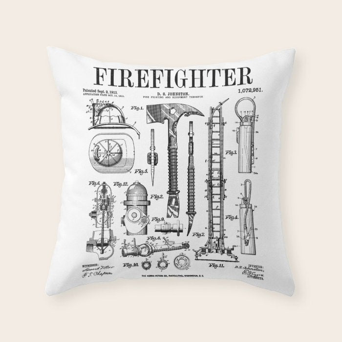 Firefighter Fire Department Fireman Vintage Patent Print Throw Pillow Gallery Image 1