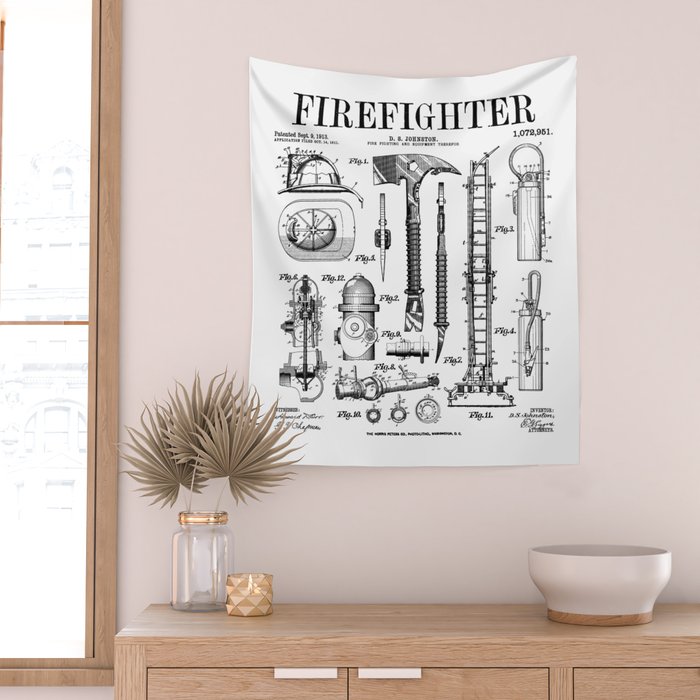 Firefighter Fire Department Fireman Vintage Patent Print Wall Tapestry Gallery Image 2