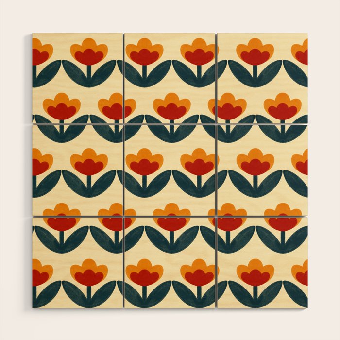 Retro 70s Floral Pattern in Mid-Century Red, Marigold, and Navy  Wood Wall Art Gallery Image 1