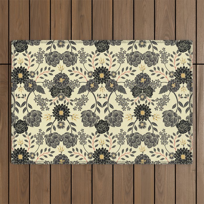 Gray, Black, Cream, Yellow & Red Sophisticated Floral Pattern Outdoor Rug Gallery Image 1