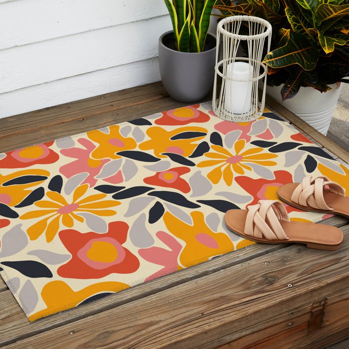 Abstract vintage flower art pattern Outdoor Rug Gallery Image 2