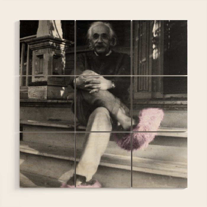 Satirical Einstein in Fuzzy Pink Slippers Classic E = mc² Black and White Satirical Photography  Wood Wall Art Gallery Image 1