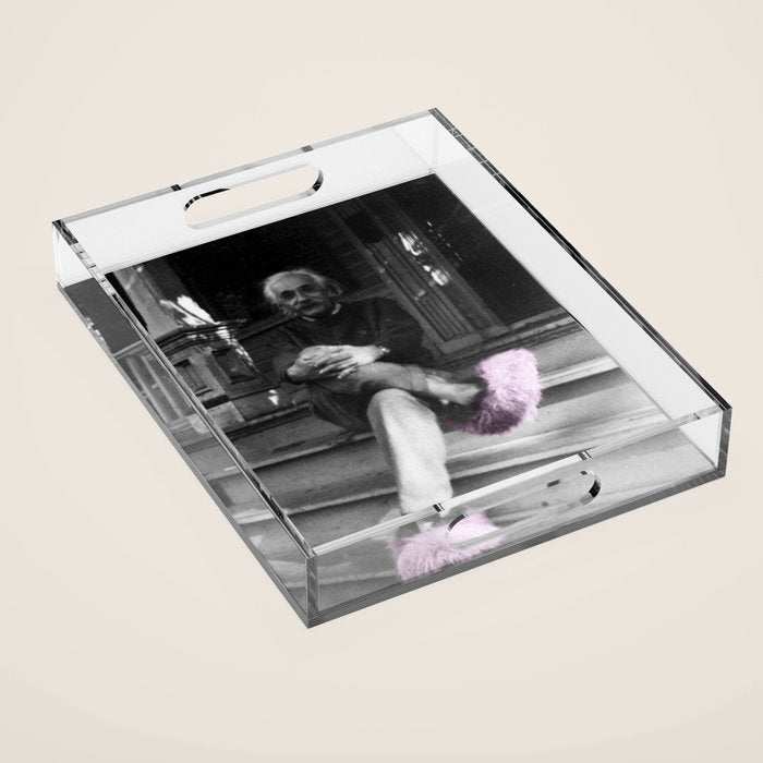 Satirical Einstein in Fuzzy Pink Slippers Classic E = mc² Black and White Satirical Photography  Acrylic Tray Gallery Image 1