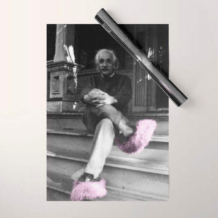 Satirical Einstein in Fuzzy Pink Slippers Classic E = mc² Black and White Satirical Photography  Wrapping Paper Gallery Image 1