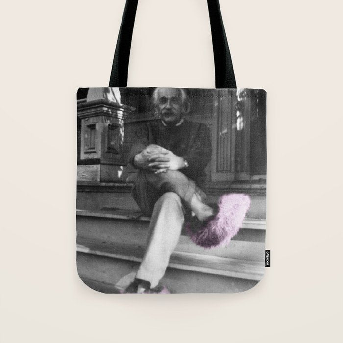 Satirical Einstein in Fuzzy Pink Slippers Classic E = mc² Black and White Satirical Photography  Tote Bag Gallery Image 1