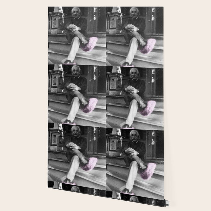 Satirical Einstein in Fuzzy Pink Slippers Classic E = mc² Black and White Satirical Photography  Wallpaper Gallery Image 2